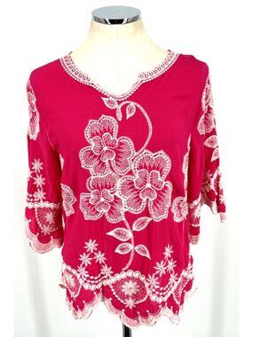 Solitaire Anthropologie Embroidered Blouse Size M Pink White Floral Boho Casual